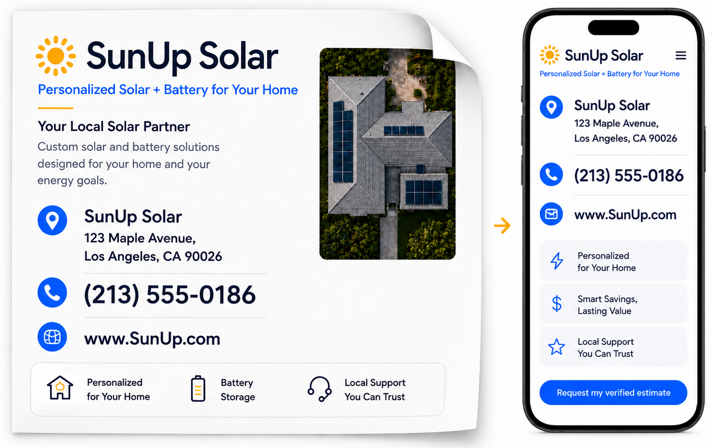 SunUp Solar branded mailer with company contact details next to the matching mobile estimate page